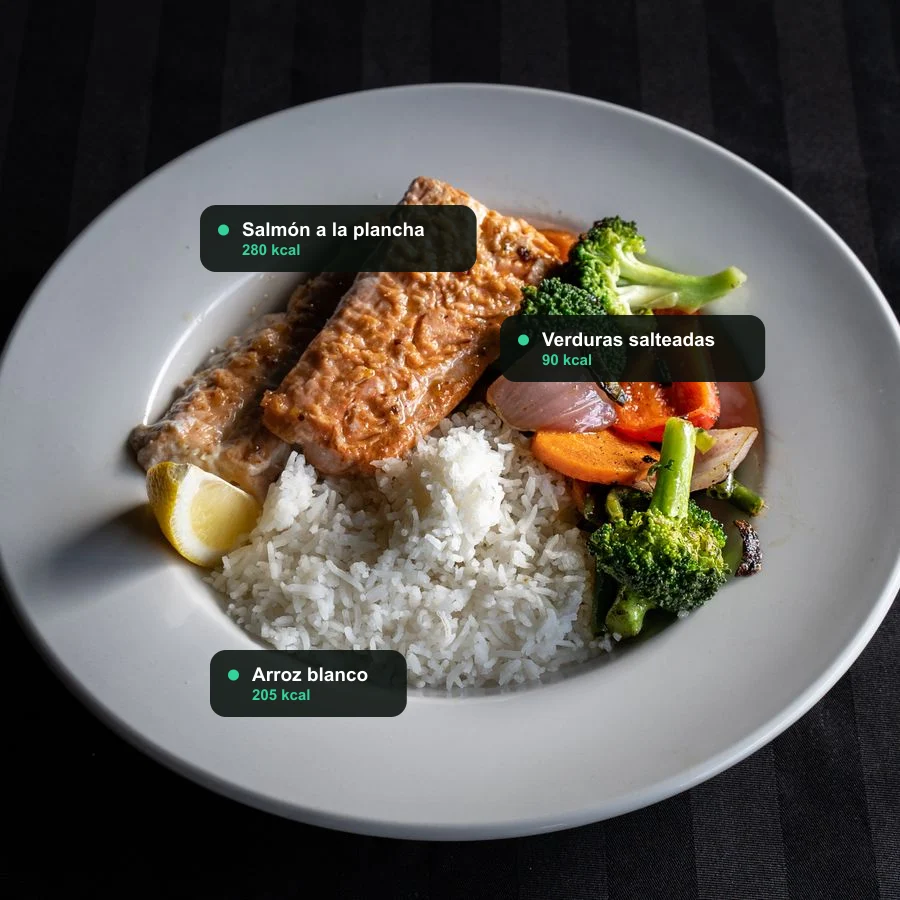 Plato de salmón, arroz y verduras con los alimentos y calorías estimadas por la app